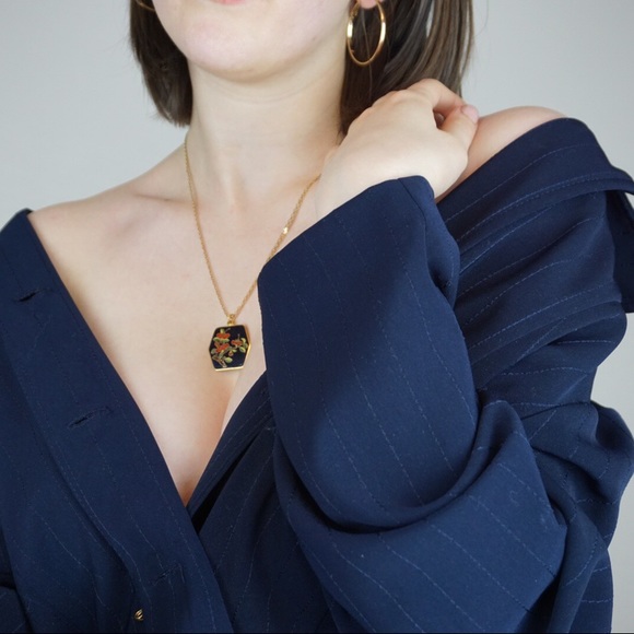 Vintage Black Floral Enamel Pendant - Picture 2 of 7